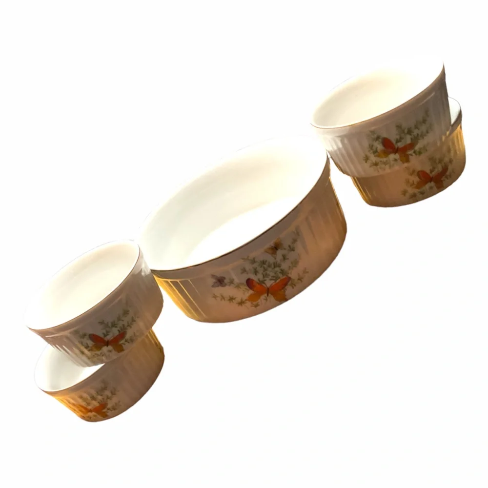 Four Orange Butterfly Ramekins and Serving Bowl by Ecstasy